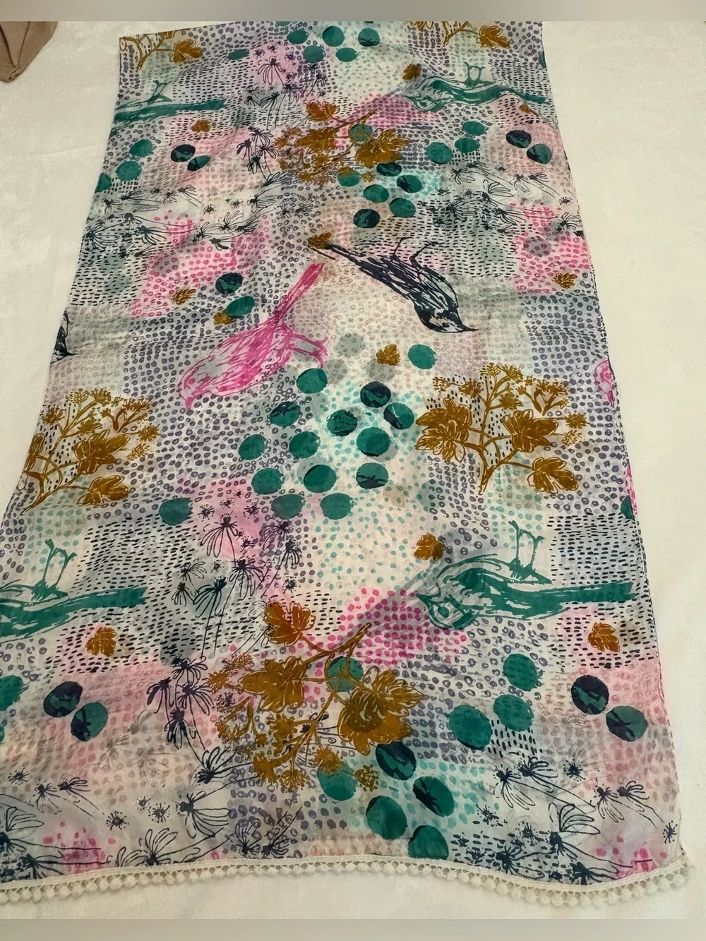 White Stuff 100% Silk Long Scarf Floral Abstract Print Tassel Trim 74x20.